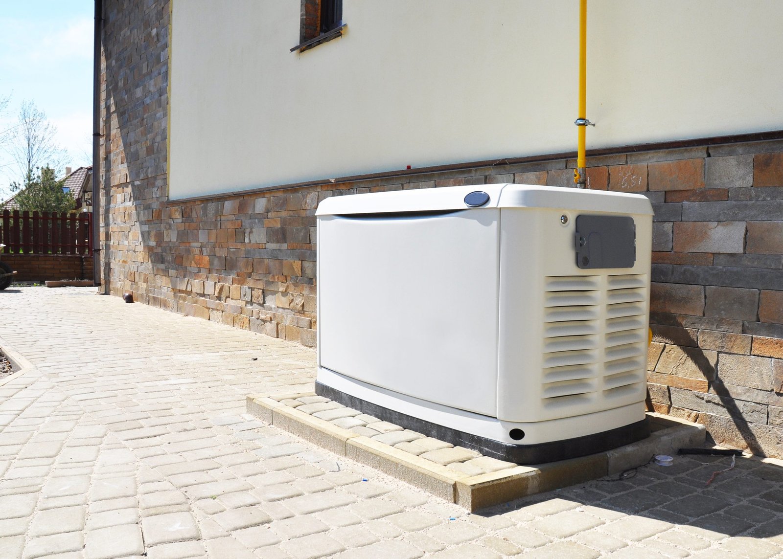 Standby generator installed against a stone-and-stucco exterior wall next to the home's gas line.
